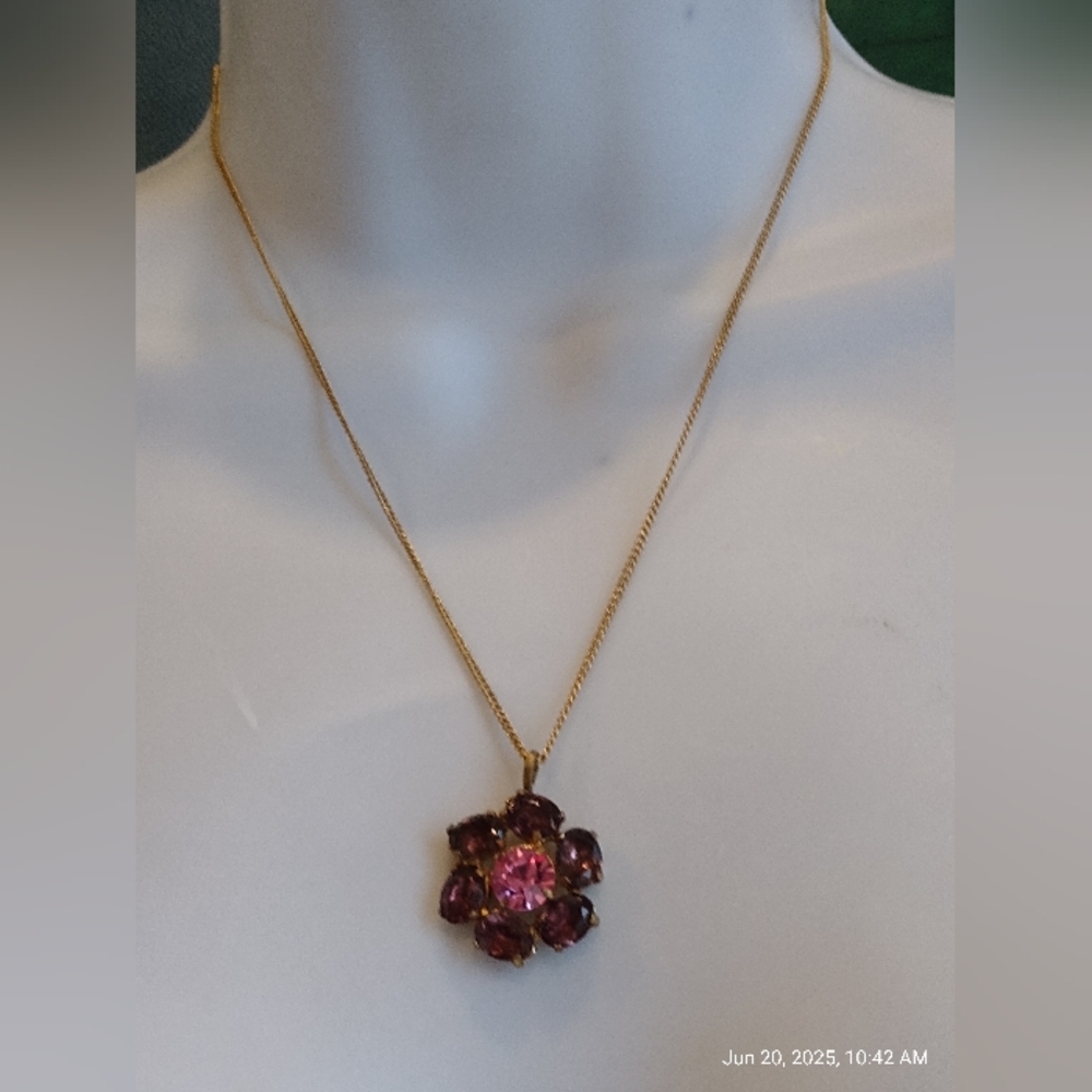 Vtg Pink Purple Floral Pendant Necklace